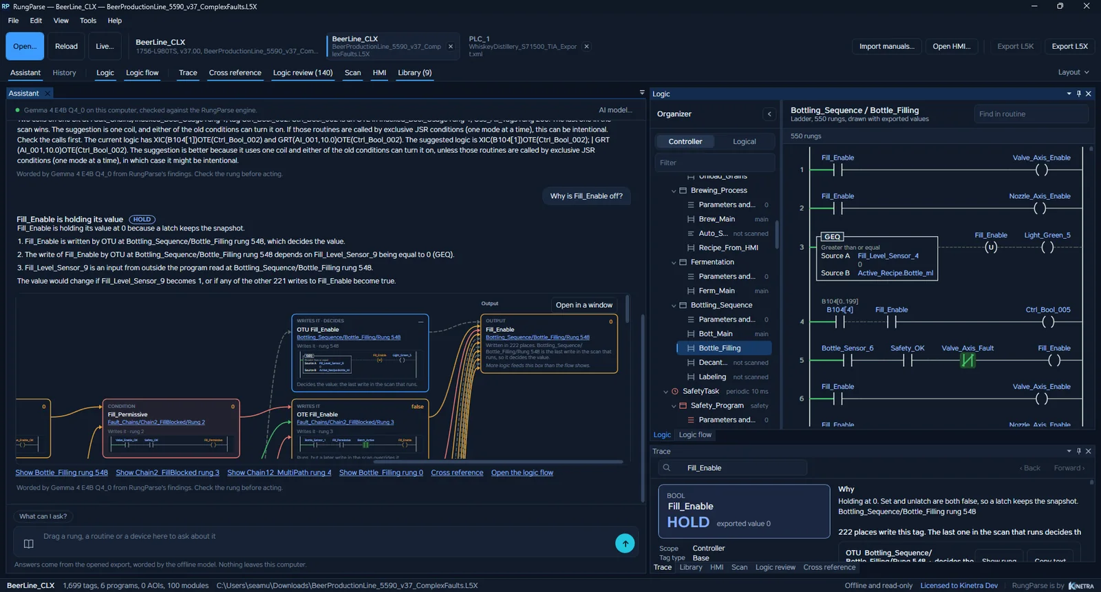 RungParse showing Chain2_FillBlocked rung 3 with Bottle_Sensor_1 and Fill_Permissive open and Fill_Enable off